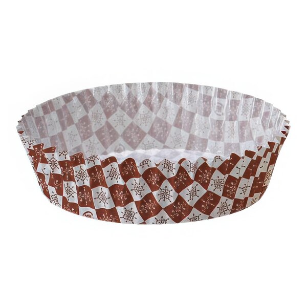 A close-up of a Welcome Home Brands brown and white checkered paper cupcake liner.