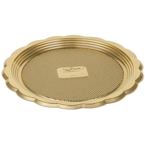 A Welcome Home Brands gold plastic tray with a scalloped edge on a white surface.