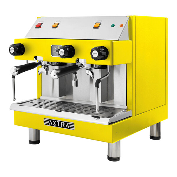 A yellow and silver Astra Mega II compact espresso machine.
