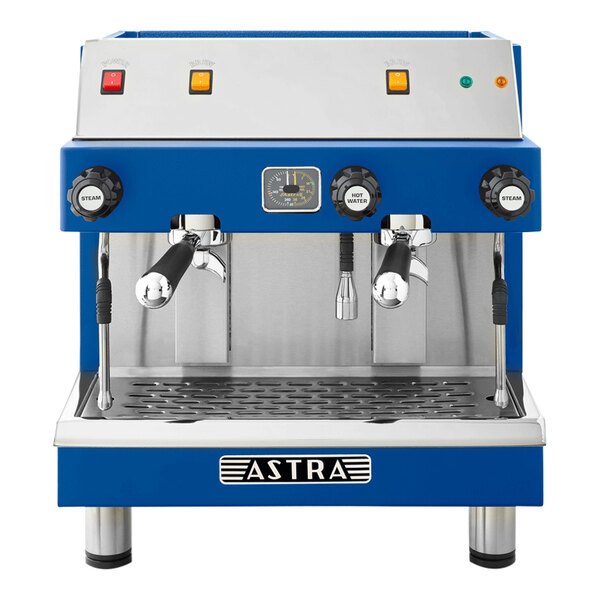 A blue and silver Astra Mega II compact espresso machine with two coffee cups on top.