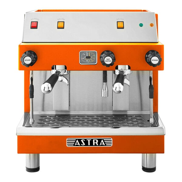 An orange and silver Astra Mega II compact espresso machine with two spouts.