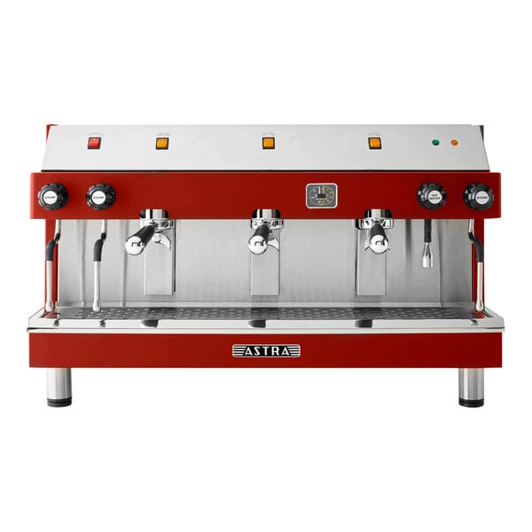 A red and silver Astra Mega III espresso machine with three spouts.