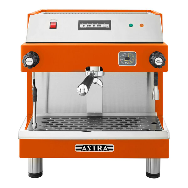 An Astra Mega orange espresso machine.