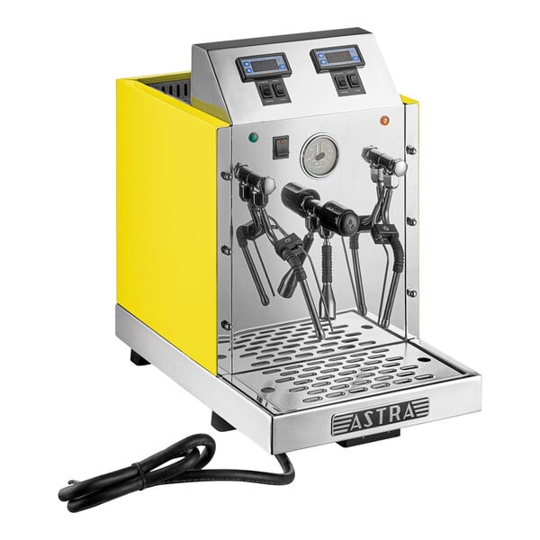 An automatic two-wand milk and beverage steamer with a gloss yellow exterior and stainless steel front panel.