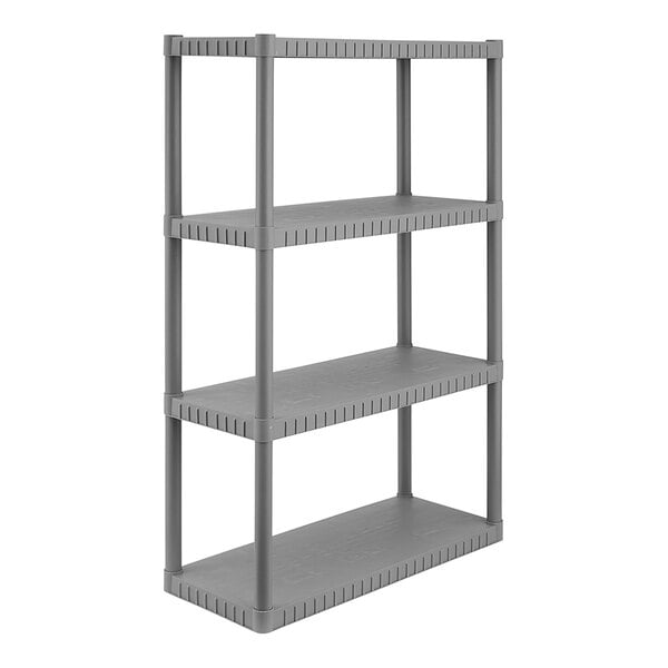 A gray plastic Tough Shelf industrial shelving unit with four shelves.
