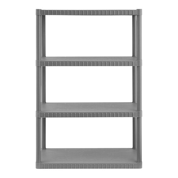 A gray plastic Tough Shelf system with four shelves.