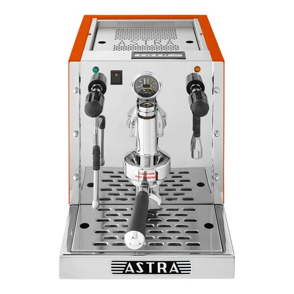 An Astra Gourmet espresso machine with an orange and black handle.