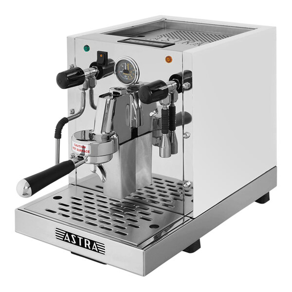 A white Astra Gourmet espresso machine with silver and black accents.