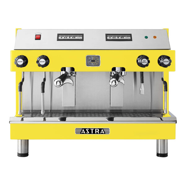 A yellow and silver Astra Mega II espresso machine.