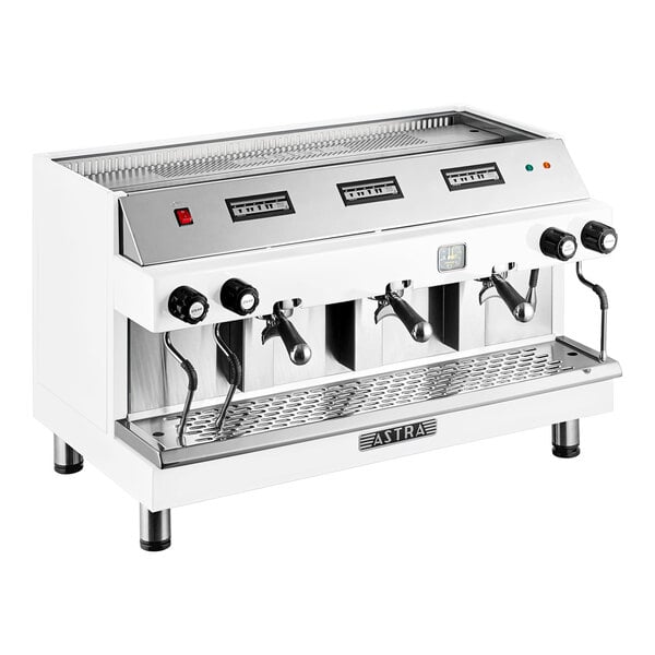 An automatic white espresso machine with three group heads and multiple control knobs, designed for commercial use.