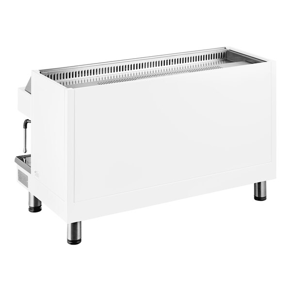 An automatic white espresso machine with a rectangular design and metal legs.