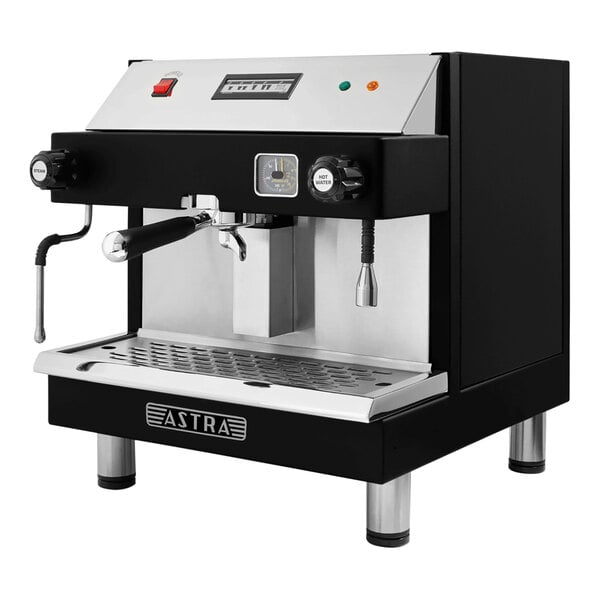 A black and silver Astra Mega I semi-automatic espresso machine.