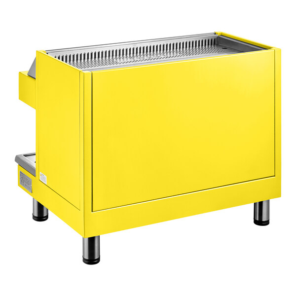 A yellow semi-automatic espresso machine with a rectangular design and metal legs.