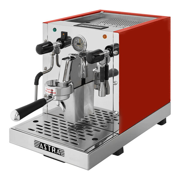 A red and black Astra Gourmet espresso machine.