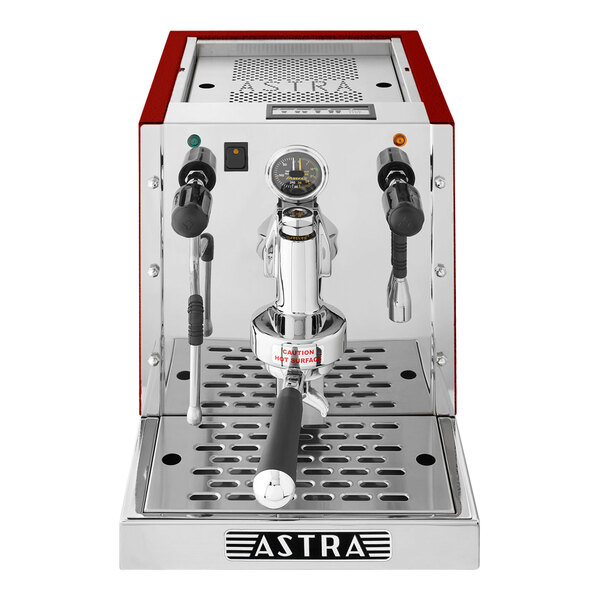 An Astra Gourmet red and silver espresso machine.