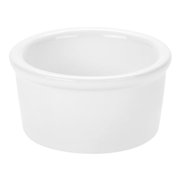 A small, white, smooth china ramekin.