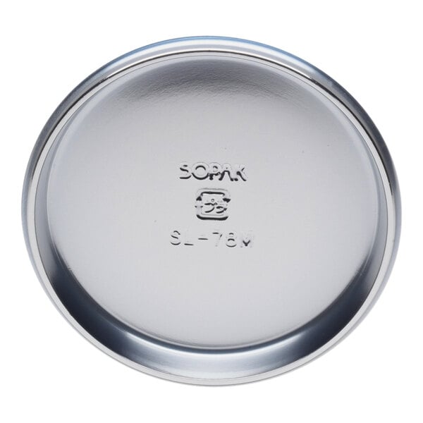 A silver PET plastic round tray with a white background.