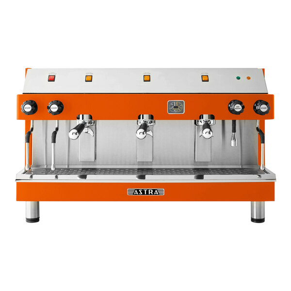 An orange and silver espresso machine with three spouts.