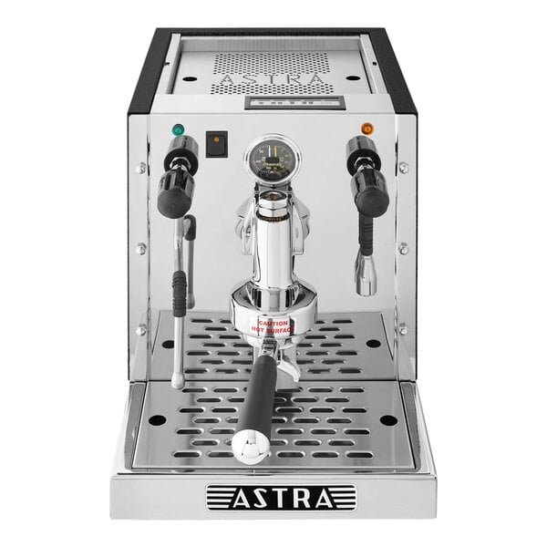 A silver and black Astra Gourmet espresso machine with a black handle.