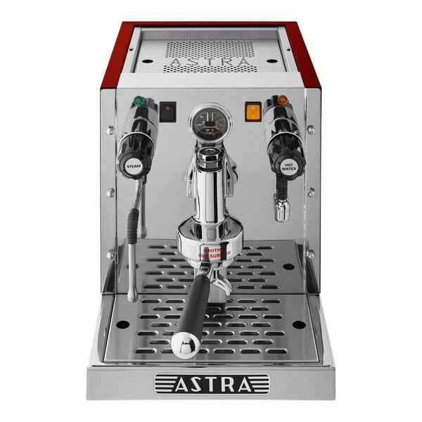 A silver and red Astra Gourmet espresso machine with red handle.