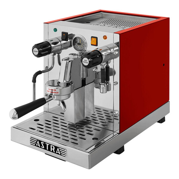 A red and silver Astra Gourmet espresso machine.