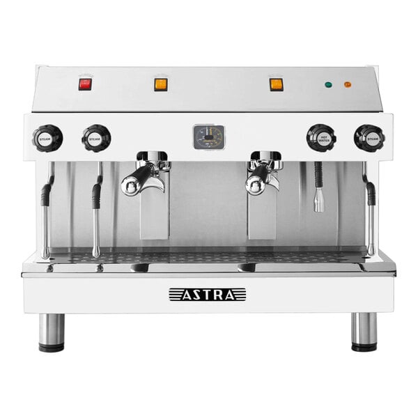 A white Astra Mega II espresso machine with silver knobs and buttons.