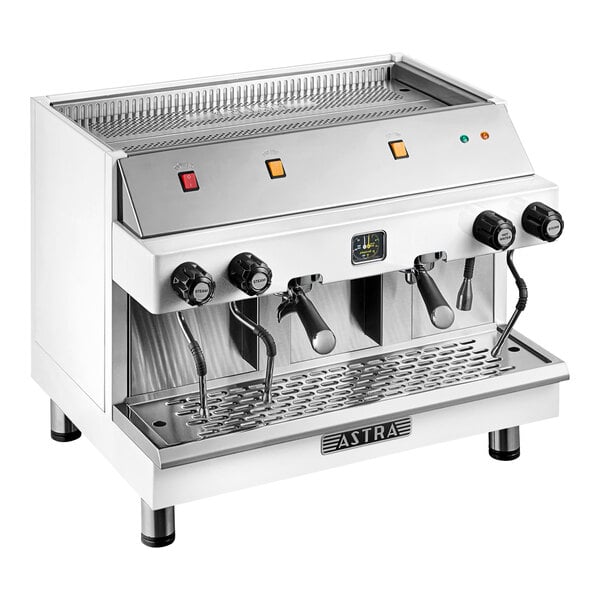 An Astra Mega II M2S-017-WH semi-automatic white espresso machine with dual group heads and steam wands.