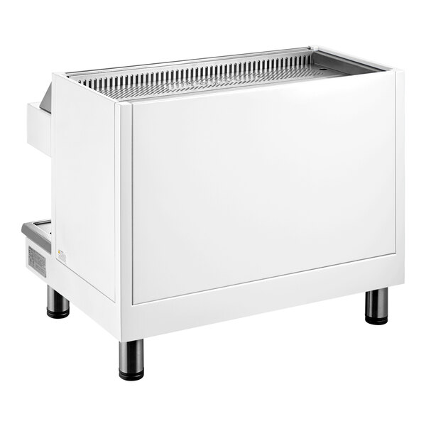 An industrial white semi-automatic espresso machine with a rectangular design and metal legs.