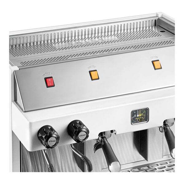 An industrial semi-automatic white espresso machine with multiple control knobs and switches.