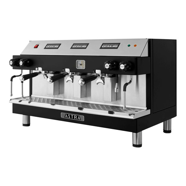 A black and silver Astra Mega III espresso machine.