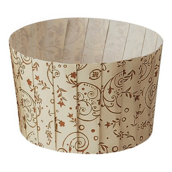 A Welcome Home Brands paper baking cup with a brown and white pattern.