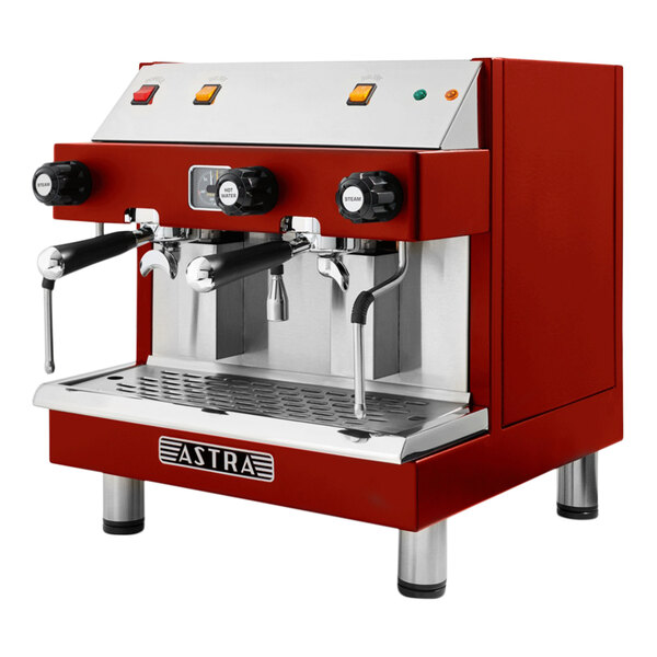 A red and silver Astra Mega II compact espresso machine.