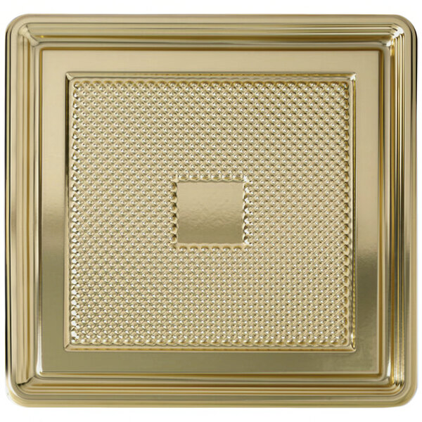 A gold square plastic tray with a square pattern.