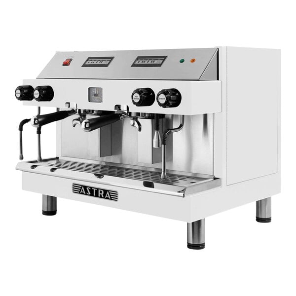 A white Astra Mega II espresso machine with black knobs and controls.