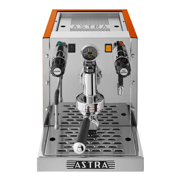 An Astra semi-automatic espresso machine with silver and orange accents.