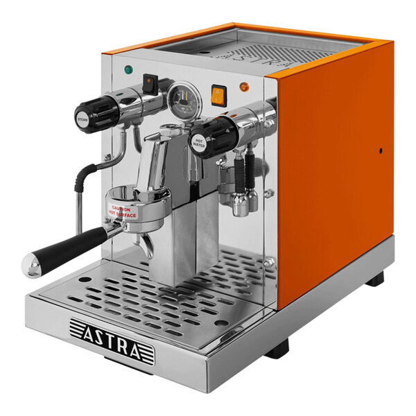 An orange and silver Astra Gourmet Semi-Automatic Espresso Machine.