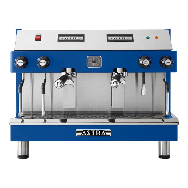 An Astra Mega II blue and silver espresso machine.