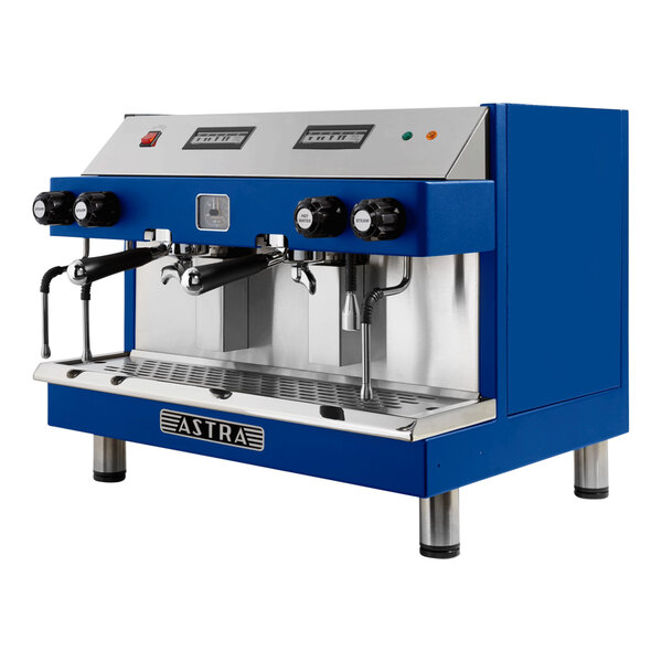 A blue and silver Astra Mega II espresso machine with two coffee machines on top.