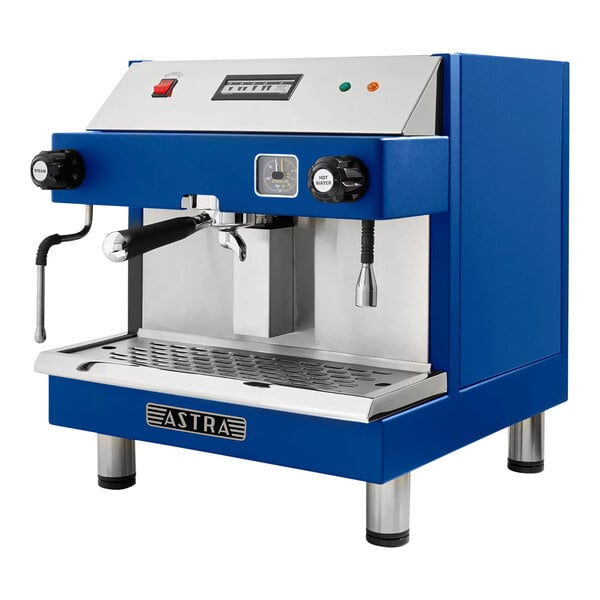 An Astra Mega blue and silver automatic espresso machine with a stainless steel handle.