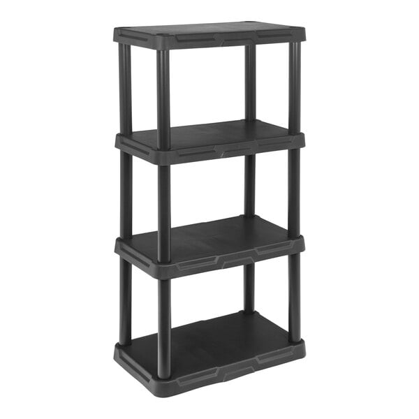 A black plastic Tough Shelf system with four shelves.