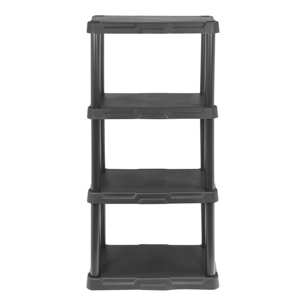 A black plastic Tough Shelf system with four shelves.