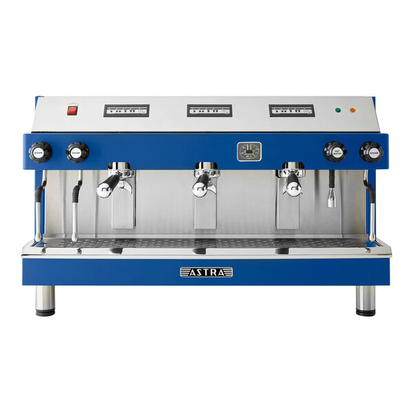 An Astra Mega III blue and silver automatic espresso machine with three buttons.