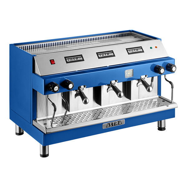 A blue Astra Mega III M3-013-BL automatic espresso machine with three group heads and steam wands.