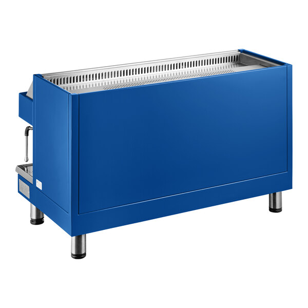 An automatic blue espresso machine with a rectangular design and metal legs.