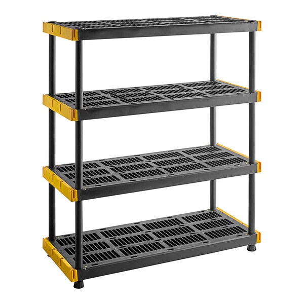 A black and yellow Tough Shelf industrial storage rack with grid shelves.