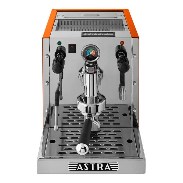 An Astra Gourmet orange and silver espresso machine with an orange and black handle.