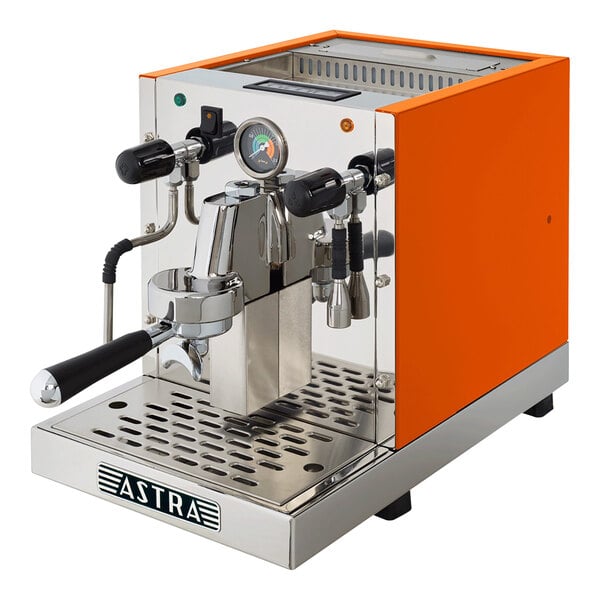 An Astra Gourmet orange and silver automatic pourover espresso machine.