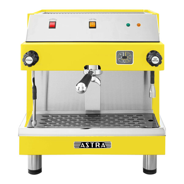 A yellow Astra Mega I semi-automatic espresso machine.