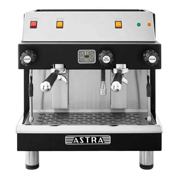 A black and silver Astra Mega II espresso machine with two coffee cups.