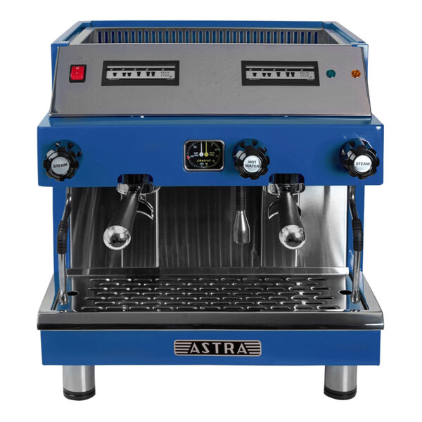 An Astra Mega II blue and silver automatic espresso machine with two metal handles.